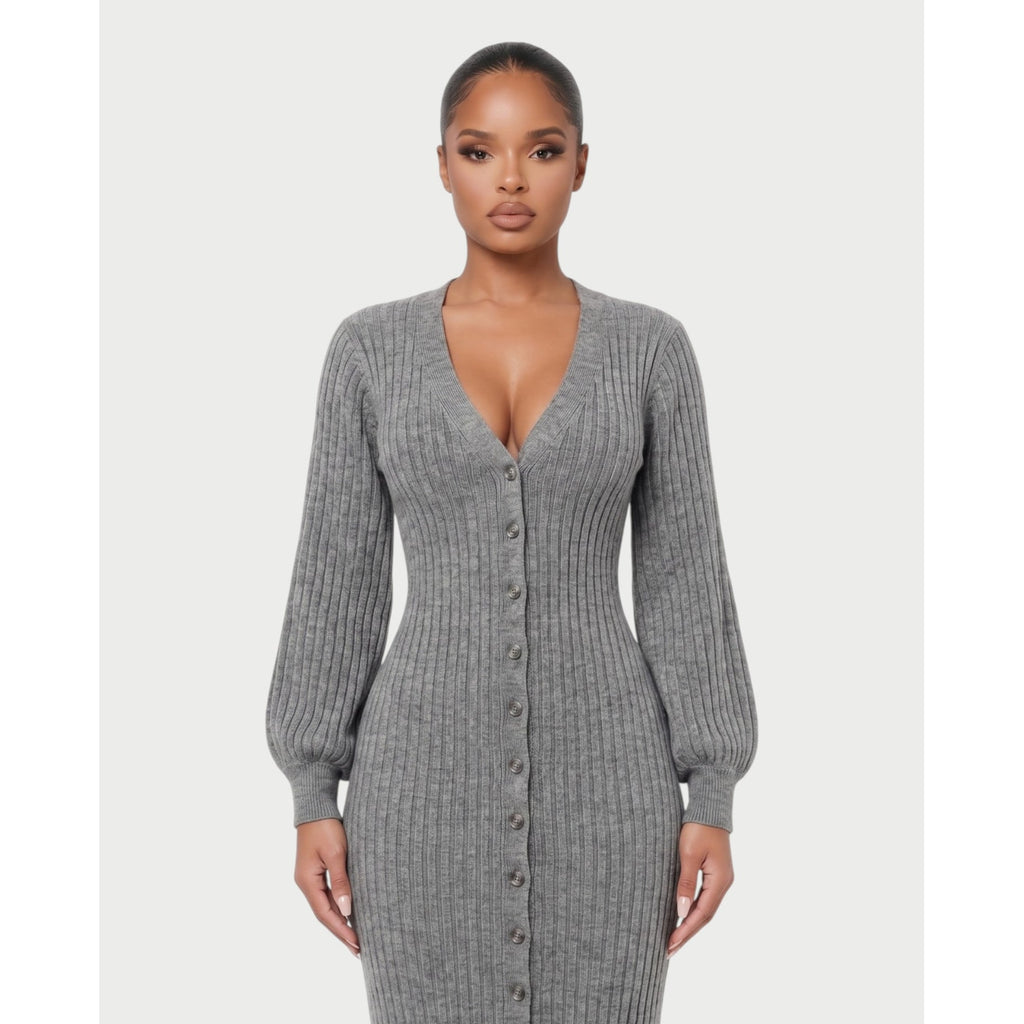 Women's V-Neck Ribbed Knit Maxi Dress with Button Front and Balloon Sleeves - Image 9
