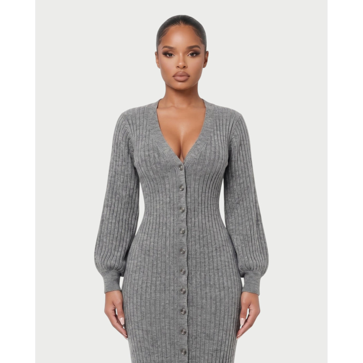 Women's V-Neck Ribbed Knit Maxi Dress with Button Front and Balloon Sleeves - Image 9