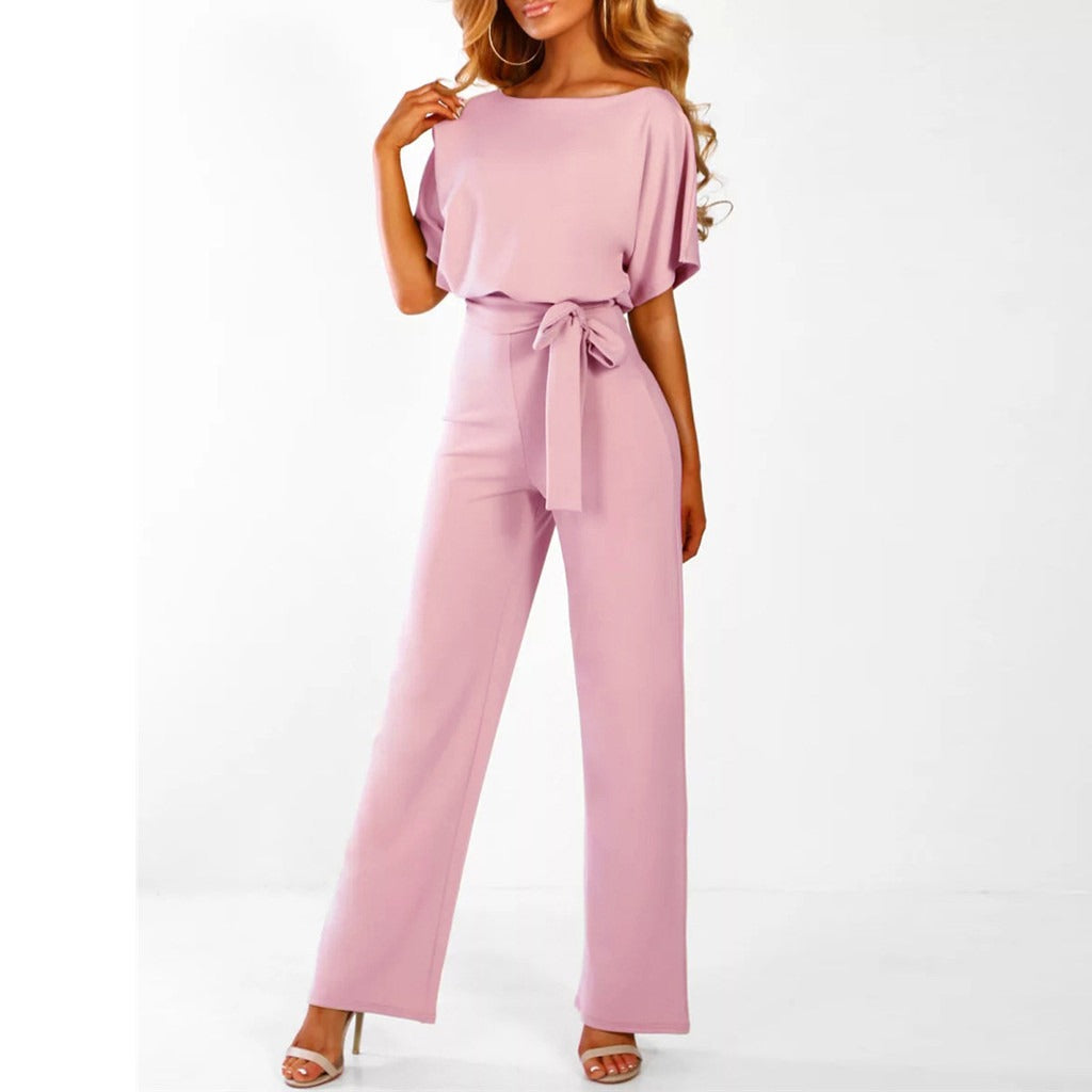 Women's Wide Leg Belted Jumpsuit with Keyhole Back — alternative angle