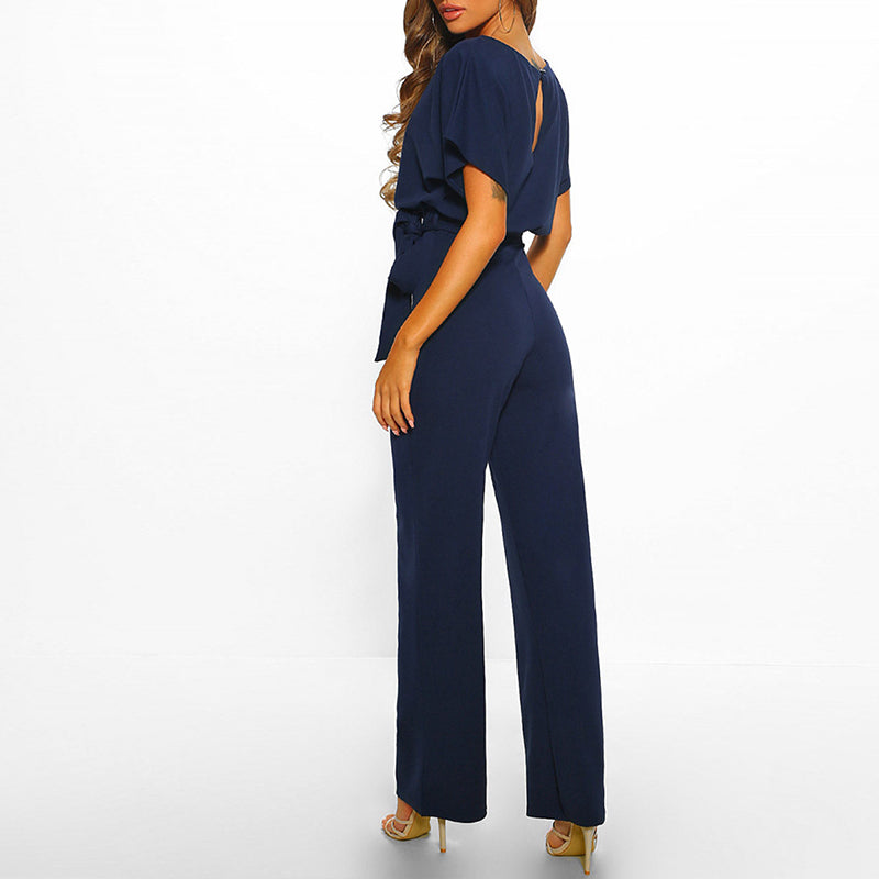 Women's Wide Leg Belted Jumpsuit with Keyhole Back — back view