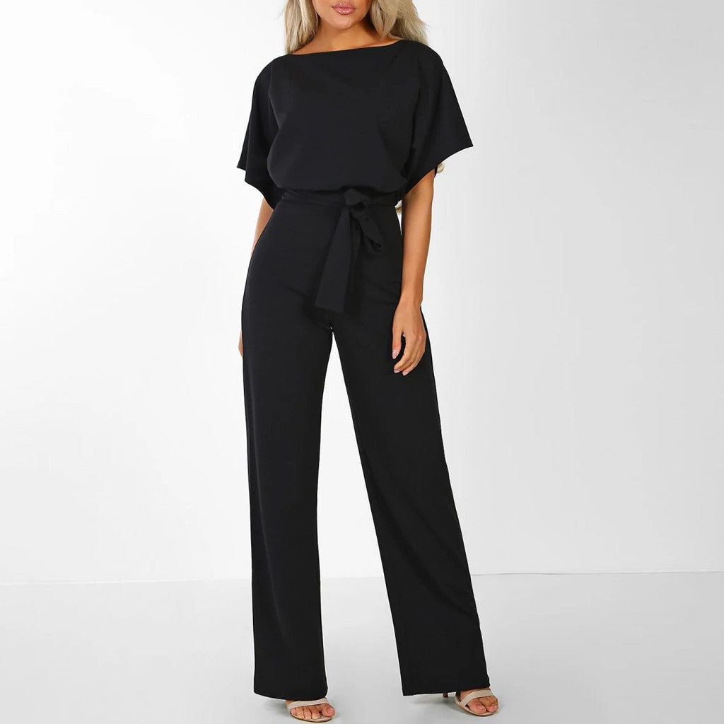 Women's Wide Leg Belted Jumpsuit with Keyhole Back — detail view