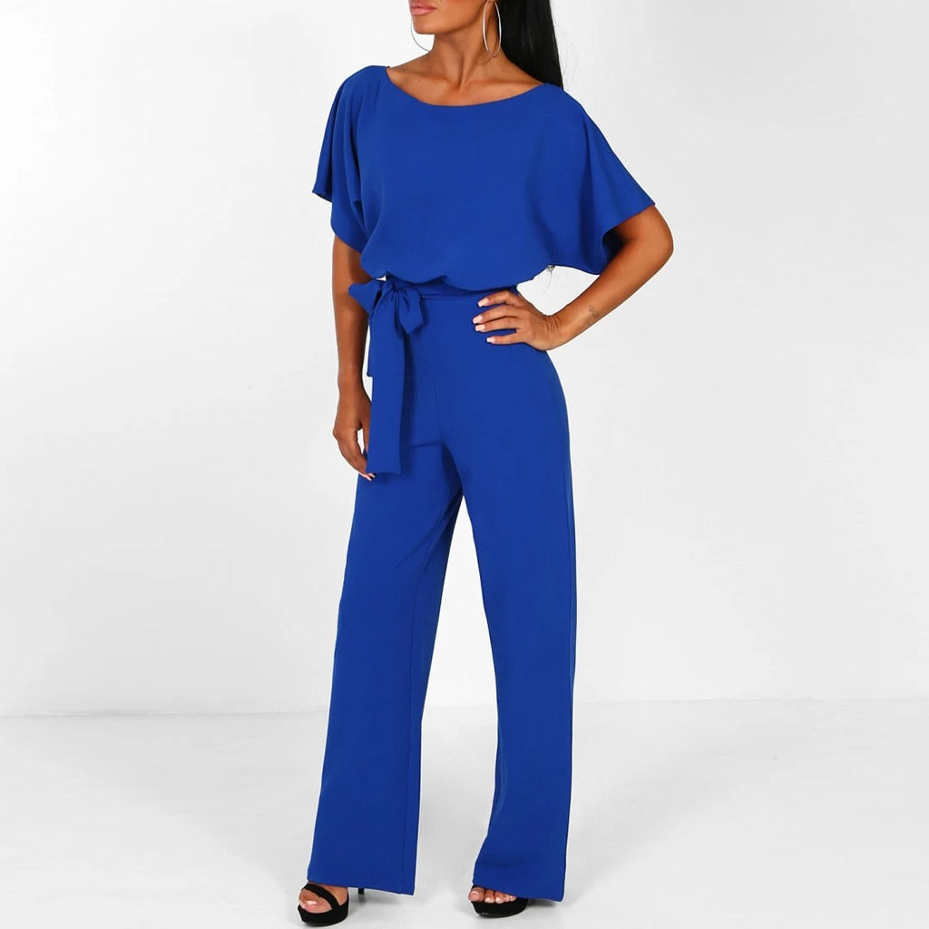 Women's Wide Leg Belted Jumpsuit with Keyhole Back — model wearing