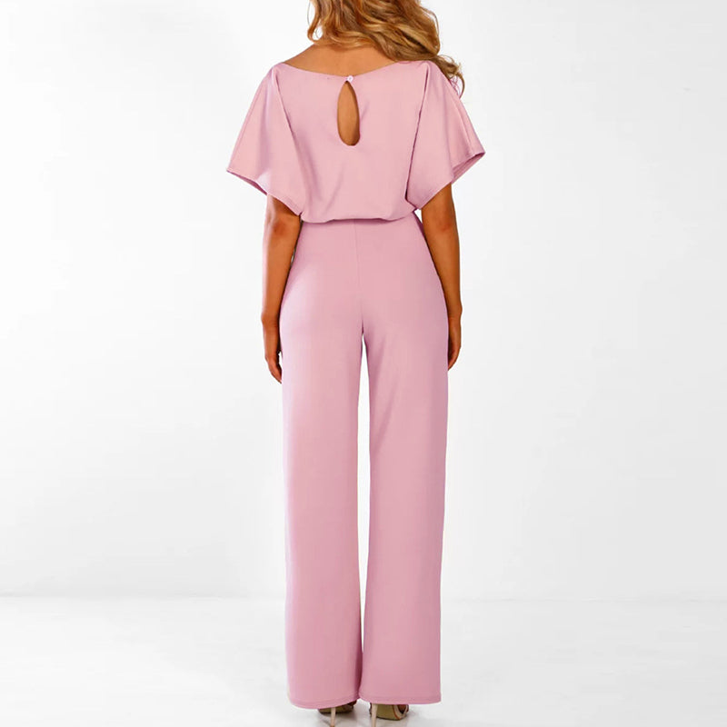 Women's Wide Leg Belted Jumpsuit with Keyhole Back — side view