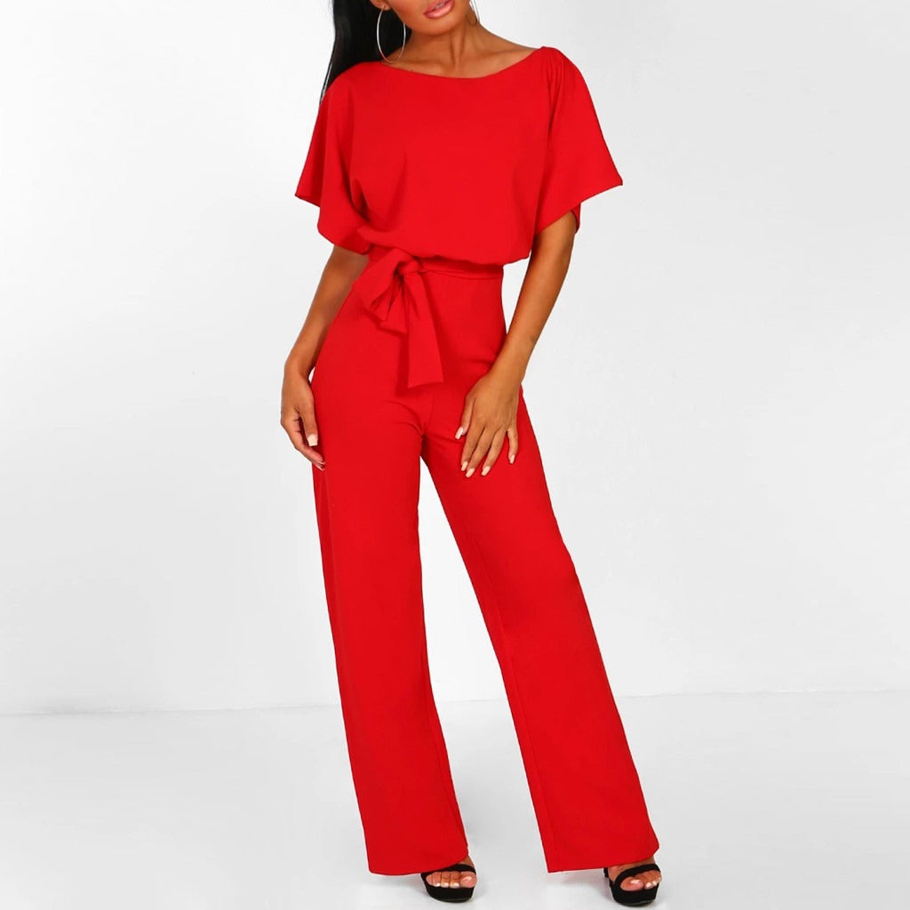 Women's Wide Leg Belted Jumpsuit with Keyhole Back — styling detail