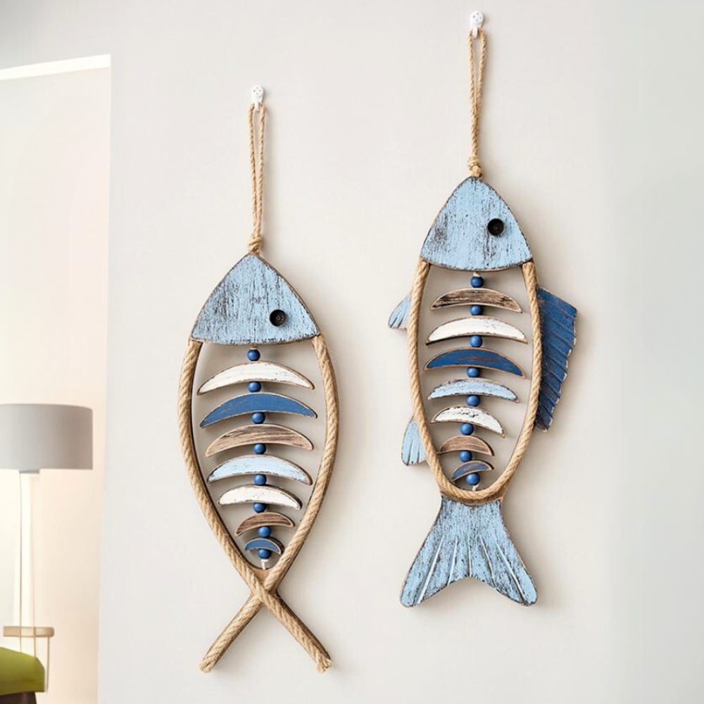 Wood Wall Art Decor Rustic Fish with Rope and Wooden Beads for Bathroom Bedroom Kitchen - Image 1