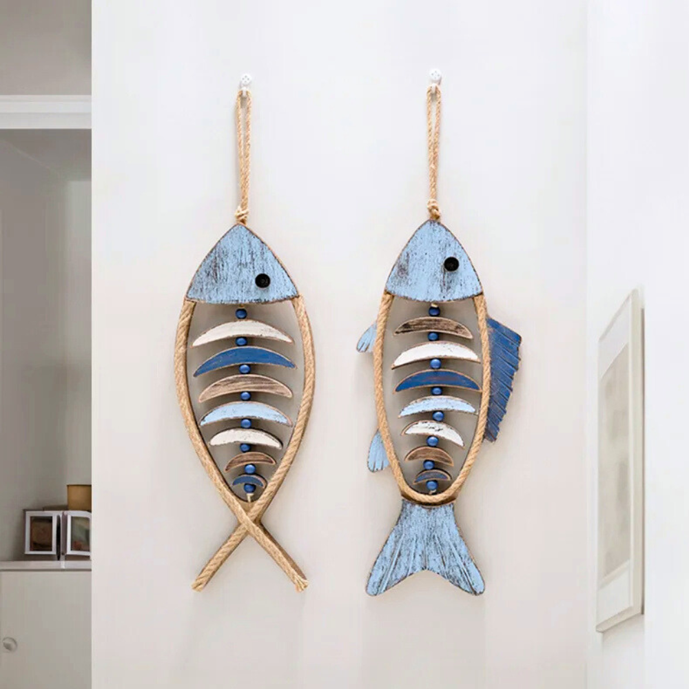 Wood Wall Art Decor Rustic Fish with Rope and Wooden Beads for Bathroom Bedroom Kitchen - Image 2