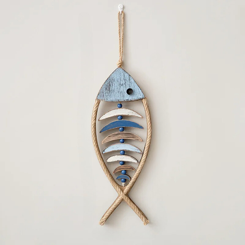 Wood Wall Art Decor Rustic Fish with Rope and Wooden Beads for Bathroom Bedroom Kitchen - Image 3