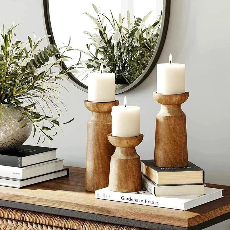 Wooden Candle Holders Set of 3 for Pillar with Turned Wood Farmhouse Design Taper - Image 1