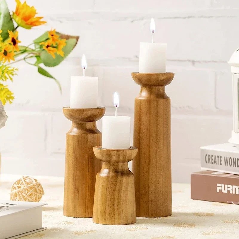 Wooden Candle Holders Set of 3 for Pillar with Turned Wood Farmhouse Design Taper - Image 2