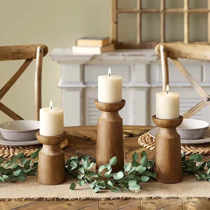 Wooden Candle Holders Set of 3 for Pillar with Turned Wood Farmhouse Design Taper - Image 3