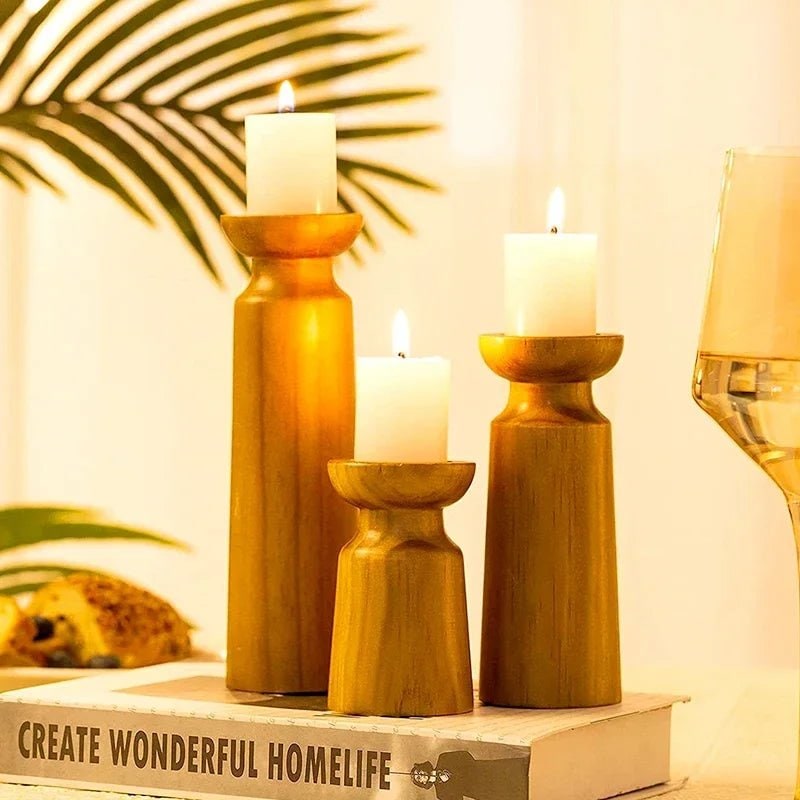 Wooden Candle Holders Set of 3 for Pillar with Turned Wood Farmhouse Design Taper - Image 4