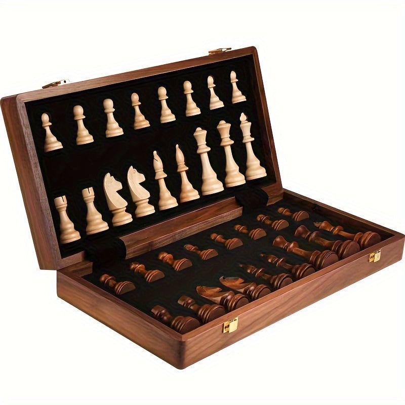 Wooden Chess Set with Board Pieces and Folding Storage Case with Interior Compartments - Image 1