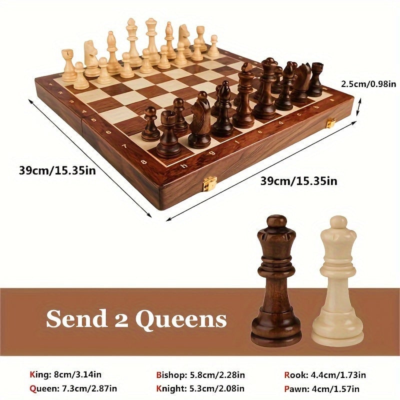 Wooden Chess Set with Board Pieces and Folding Storage Case with Interior Compartments - Image 2
