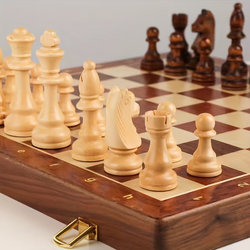 Wooden Chess Set with Board Pieces and Folding Storage Case with Interior Compartments - Image 4
