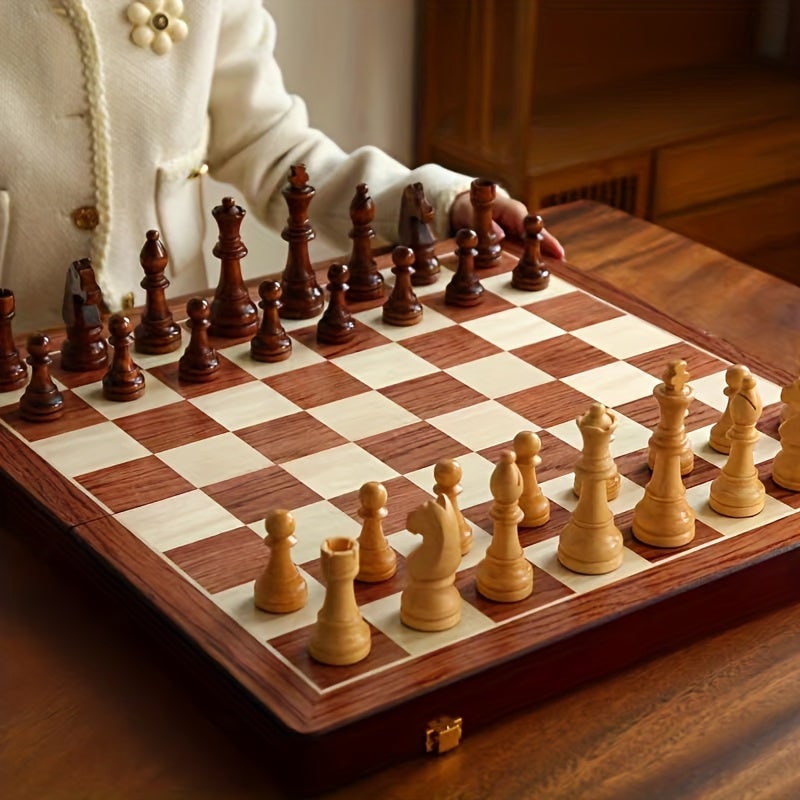 Wooden Chess Set with Board Pieces and Folding Storage Case with Interior Compartments - Image 5