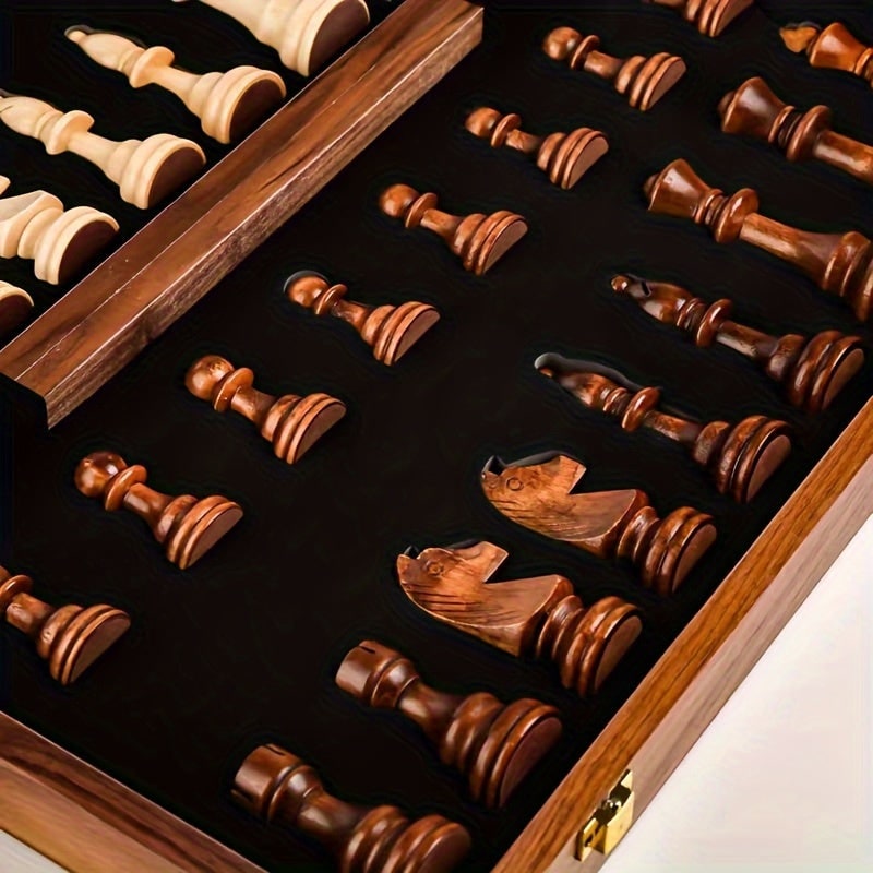 Wooden Chess Set with Board Pieces and Folding Storage Case with Interior Compartments - Image 6