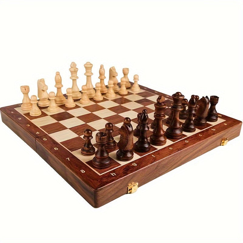 Wooden Chess Set with Board Pieces and Folding Storage Case with Interior Compartments - Image 7
