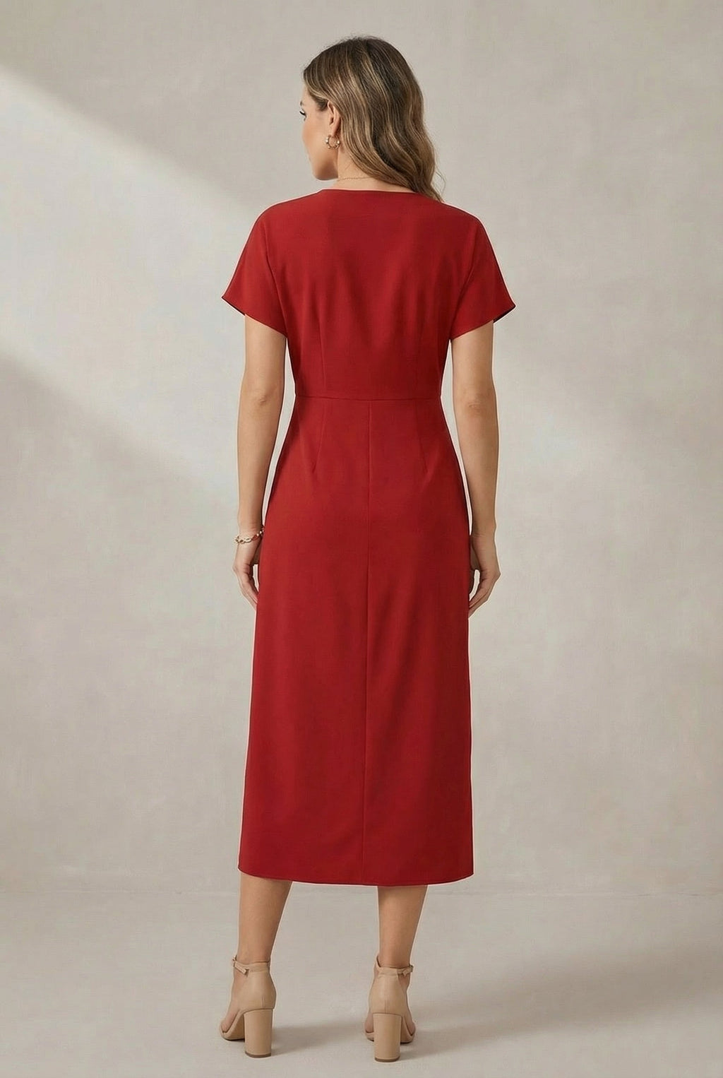 Wrap V-Neck Short Sleeve Midi Dress with Front Slit — back view