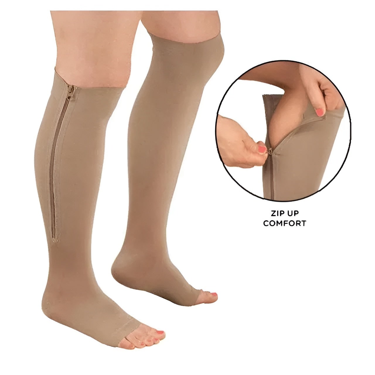 Zipper Compression Socks for Varicose Veins and Edema Knee High Open Toe Graduated Medical - Image 3