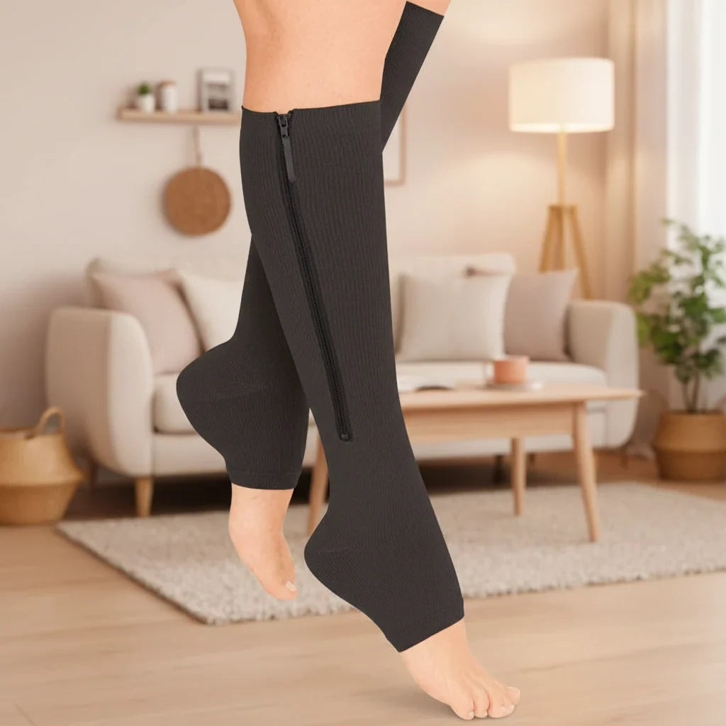 Zipper Compression Socks Knee High Open Toe with Graduated for Travel and Pregnancy - Image 1